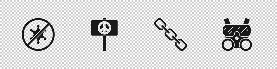 Set Protest, Peace, Chain link and Gas mask icon. Vector