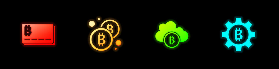 Obraz premium Set Credit card with bitcoin, Bitcoin, Cryptocurrency cloud mining and icon. Vector