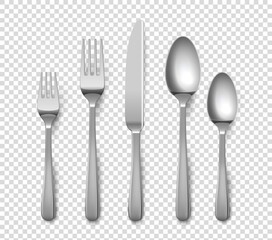 Realistic cutlery. 3D forks and knives or spoons. Isolated metal objects for table setting on transparent background. Top view of silverware set. Vector flatware from stainless steel - obrazy, fototapety, plakaty