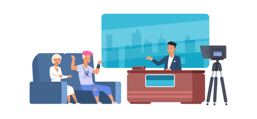 Television live talk show. Recording interview in TV studio. Celebrity chatting with presenter. Broadcasting reportage, interviewer communicating with famous people. Vector entertainment