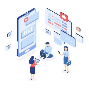 Social networking. Group chatting isometric concept. People writing messages. Man and women holding smartphones or laptops. Online collective communication. Vector mobile application