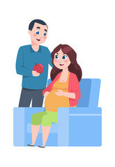Pregnancy. Cartoon pregnant woman with husband. Happy man giving apple to wife. Isolated young parents expecting birth of child. Couple relationship. Vector vitamin diet for health care