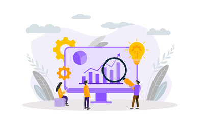 Business analysis and investment modern concept. Flat design vector of business people working successful result and profit growth. Graphic chart increase. Vector Illustration.