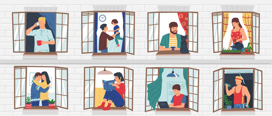 People in windows. Neighbors in building doing activities, people staying home. Men calling and training or working with laptop. Woman watering plants. Couple hugging. Vector scenes set