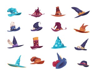 Wizard hats. Cartoon magician wide-brimmed pointed headgear. Colorful headdress decorated with feathers and bright ribbons, candles or bells. Vector set of sorcerer's headwear types