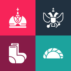 Set pop art Dumpling, Valenki, National emblem of Russia and King crown icon. Vector