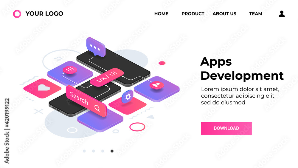 Aufkleber Apps development landing page. Website UX interface. Application update. Web UI with download button and place for logo. Vector realistic smartphones on abstract memphis background