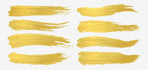 Golden paint. Realistic gold brush smudges. Yellow metallic smears on transparent background. Decorative glittering brushstrokes set. Luxury horizontal splashes. Vector foil texture