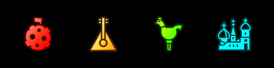 Set Moon with flag, Balalaika, Cockerel lollipop and Saint Basil's Cathedral icon. Vector