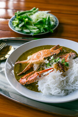 
Food Concept: Southern Thai dish of Crabmeat Curry traditionally served with fermented rice noodle