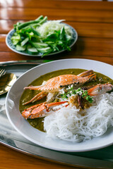 
Food Concept: Southern Thai dish of Crabmeat Curry traditionally served with fermented rice noodle