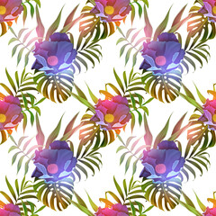 Seamless tropical flower, plant and leaf pattern background