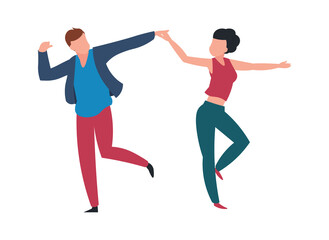 Fototapeta na wymiar Dancing couple. Cartoon pair at choreography lesson. Cheerful people move holding hands. Isolated dancers resting together at nightclub party or music festival. Vector illustration
