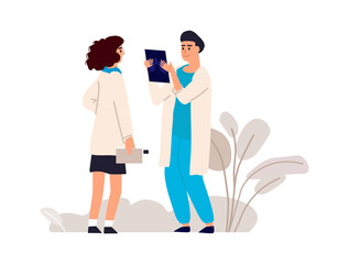 Doctor holding x-ray. Medical workers talking about roentgen image. Colleagues discussing results of patient's diagnosis. Diagnostics of diseases. Vector scan bones and internal organs