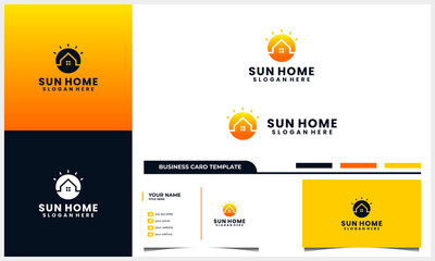 home or house with sun, sunrise, sunset logo concept and business card template