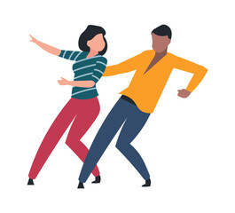 Fototapeta na wymiar Man and woman performing dance. Cartoon couple dancing together. Choreographic lesson. People in club or music festival. Isolated characters motions. Vector minimalist illustration