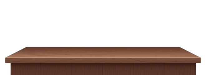 Empty wood table. Wooden realistic surface. Side view of isolated desktop from natural material. Blank furniture for home, interior object. Vector desk mockup for products advertising