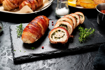 Bacon wrapped chicken rolls stuffed with feta cheese and spinach on black stone background....