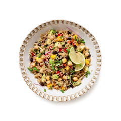 Healthy quinoa black bean salad with mango and avocado. Perfect for spring, summer, fall or winter. isolated on white background,top view