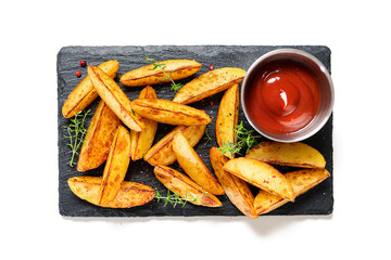 Fried potato wedges with ketchup, herbs on stone board isolated on white background, top view