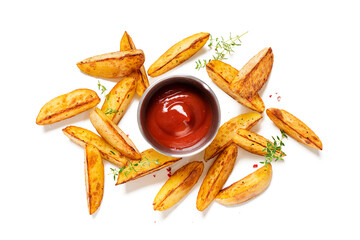 Fried potato wedges with ketchup and herbs  isolated on white background, top view