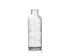 Empty medical chemical bottle from glass with reflection isolated on a white background
