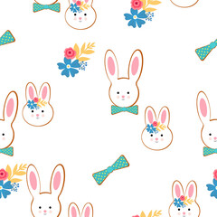 Cute cartoon bunny, vector seamless pattern background.