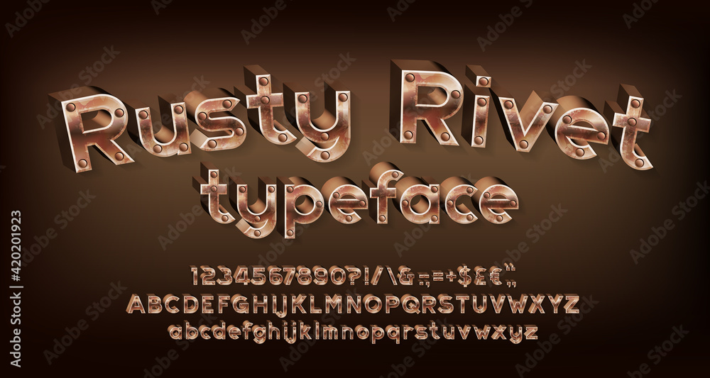 Fototapete rusty rivet alphabet font. steampunk 3d letters, numbers and punctuations. uppercase and lowercase. 