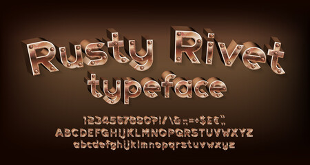 Rusty Rivet alphabet font. Steampunk 3D letters, numbers and punctuations. Uppercase and lowercase. Stock vector typescript for your design.