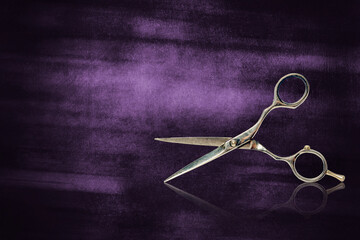 Fototapeta na wymiar Vintage, old, hairdressing scissors, on shabby purple background. Barbershop background. Reflection. Copy space.