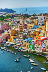 Small boats in port on a Bay of Procida island, Naples, Italy