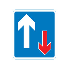Traffic has priority over vehicles coming from the opposite direction. Priority over oncoming vehicles traffic sign. Vector illustration of blue board with two arrows icon inside. Priority symbol.