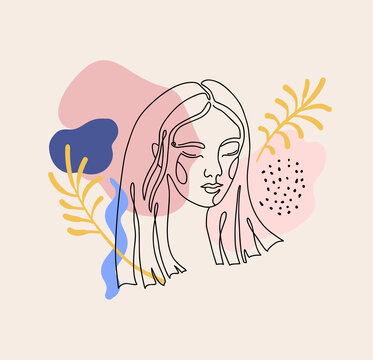 Beautiful girl. Continuous line drawing. Vector hand drawn artwork, cutouts. Creative freehand style. Trendy vintage poster. Spa salon logo, label. Blue, pink, beige, coral, terracotta, black colors