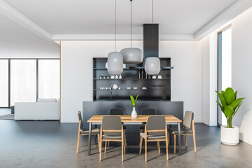 Kitchen set and grey furniture with windows