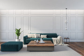 White living room with blue-green furniture and decoration