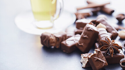 Chocolate bars on a black background in backlight. Chocolate with filling. Sweet sweets for snack and tea.