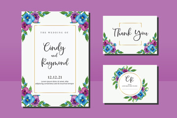 Wedding invitation frame set, floral watercolor hand drawn Pansy Flower design Invitation Card Template