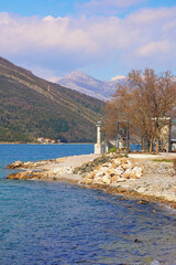Beautiful Mediterranean landscape on sunny winter day. Montenegro, Adriatic Sea. Coast of Kotor Bay near Verige Strait