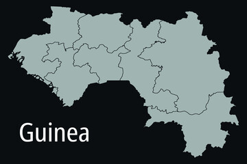 Contour vector map of Guinea with the designation of the administrative borders of the regions on a dark background.