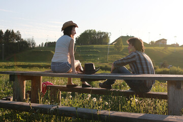 Cute couple on a walk by the countryside