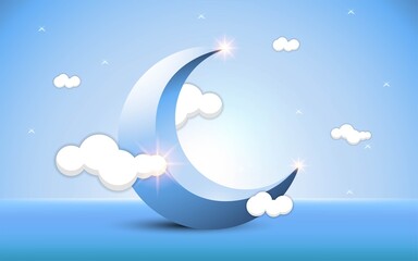 Fototapeta na wymiar luxurious Ramadan kareem background with crescent moon blue and clouds