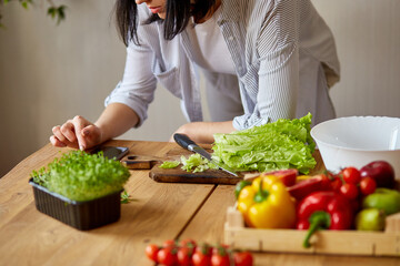 Woman is cooking in the kitchen at home, using digital tablet or smarthone