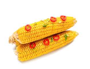 Tasty baked corn cobs on white background