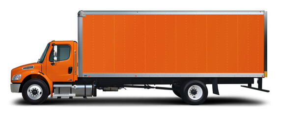 Full orange delivery truck side view isolated on white background.