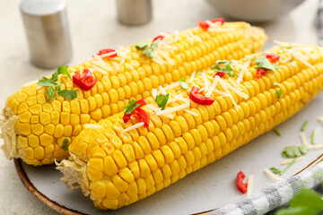 Plate with tasty baked corn cobs on light background