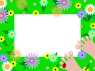 Vector graphics-a rectangular frame with bare feet, a red ladybug and colorful beautiful flowers on a bright green background and a white space to copy. Concept - summer is coming soon