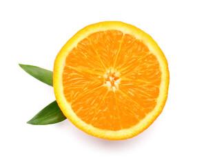 Half of ripe orange on white background