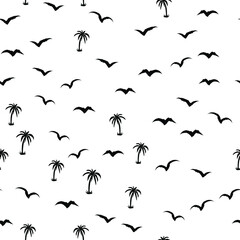 Black and white beach pattern with palm trees and birds for fabrics