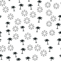 Black and white beach pattern with palm trees and sun for fabrics