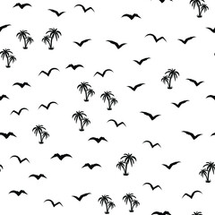 Black and white beach pattern with palm trees and birds for fabrics